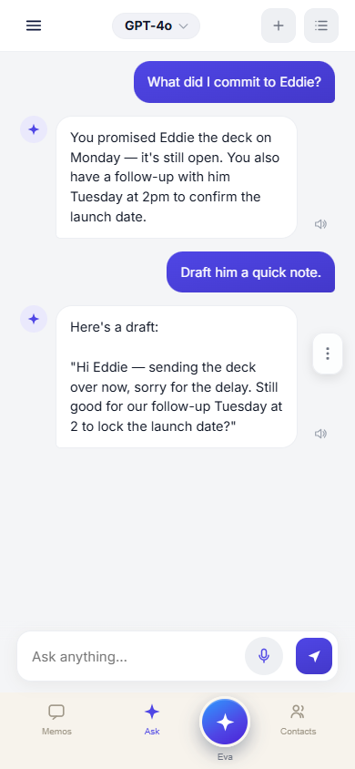 Asking VocaLogue what you committed to a contact, with a drafted follow-up message