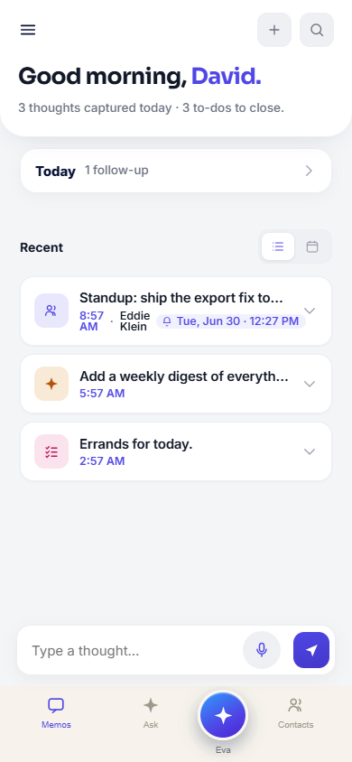 VocaLogue home screen with recent voice memos and a compose bar