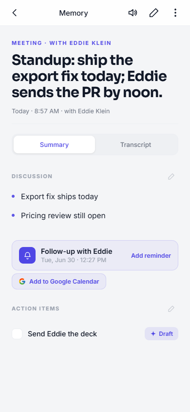A meeting note in VocaLogue showing an AI summary, key points and action items